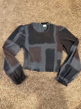 Aritzia Wilfred Texture Long-Sleeve Top in browns & teals, S